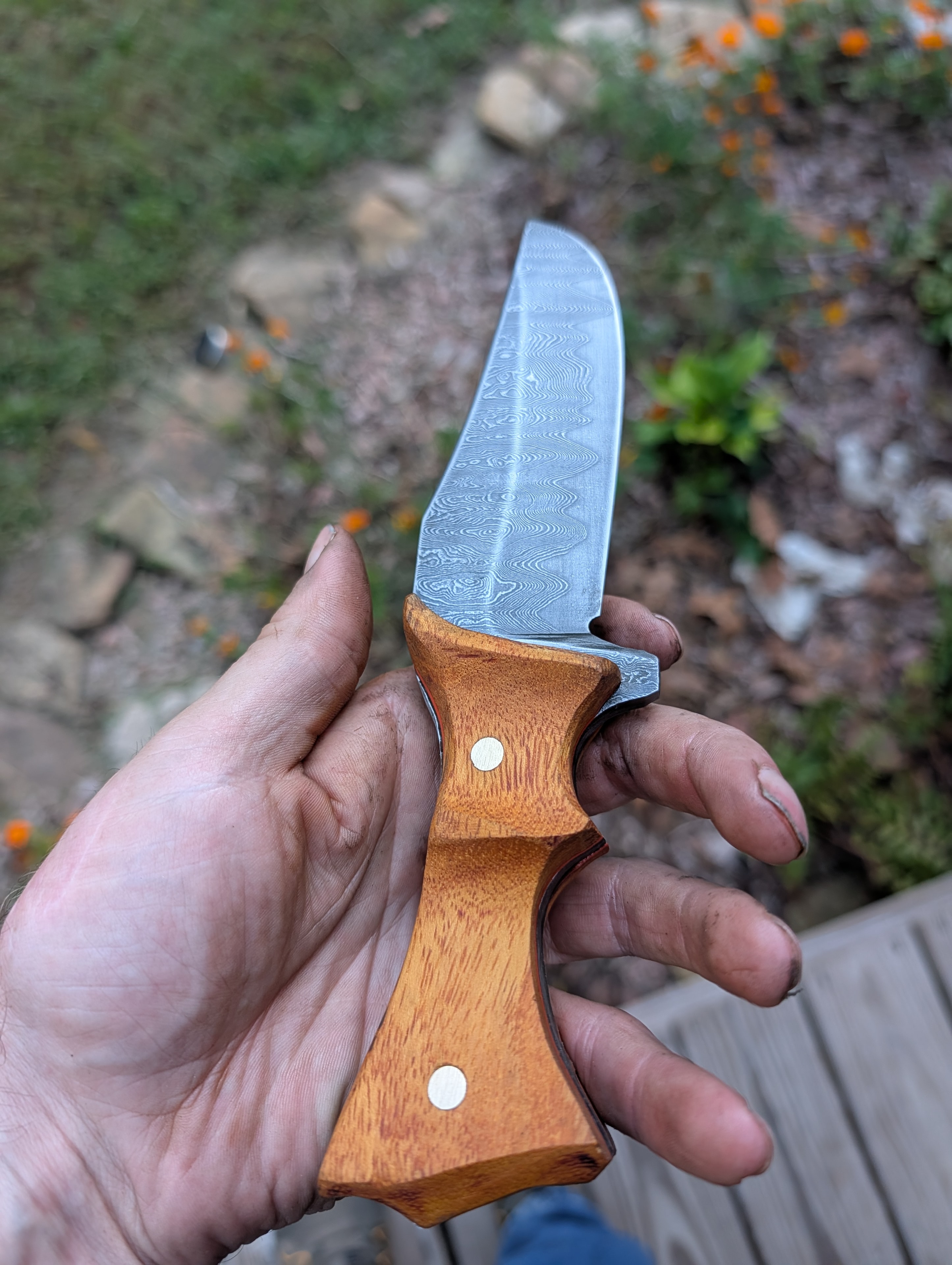 Damascus skinner held in hand outdoors